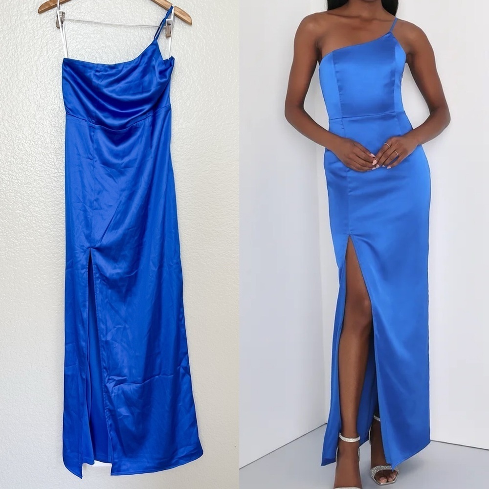 Keeper of My Heart Royal Blue Satin One-Shoulder Maxi Dress